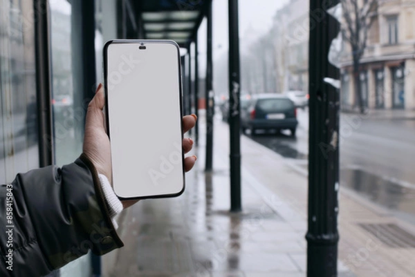 Fototapeta A person holds a smartphone with a blank screen while standing on a city street on a foggy day.