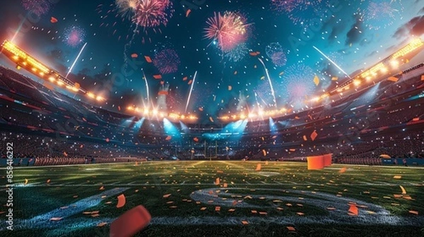 Fototapeta An American football stadium at night with fireworks exploding in the sky and confetti falling onto the field