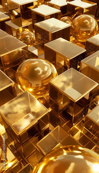 Fototapeta Abstract background 3d surf and cube in golden shade