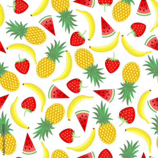 Fototapeta Seamless pattern with yellow bananas, watermelons, pineapples and juicy strawberries. Cute vector strawberry, pineapple and banana background. Bright summer fruits illustration. Fruit mix card.