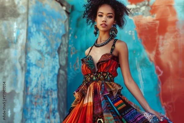 Fototapeta A Woman in a Multicolored Dress Stands Against a Colorful Wall