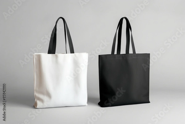 Fototapeta bag on white background,White and black tote bags mockup on a grey background. The design is minimalist and elegant, showcasing both tote bags side by side, with their handles clearly visible