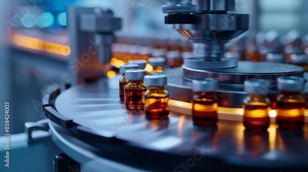Fototapeta 
Close-up of medical vials moving on a conveyor belt in a state-of-the-art pharmaceutical production facility, with advanced machinery and sterile conditions.
