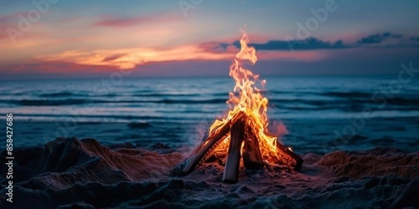 Fototapeta A serene beach scene featuring a campfire glowing warmly against the backdrop of a colorful sunset sky and the calm ocean, evoking feelings of warmth and relaxation.