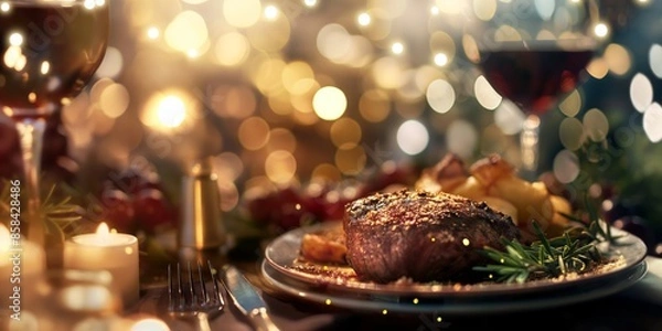 Obraz A beautifully arranged dinner setup featuring a succulent steak garnished with herbs and accompanied by a glass of red wine, creating a cozy dining experience.