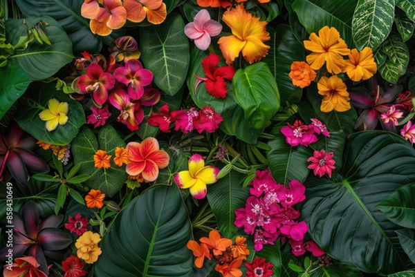 Fototapeta A vibrant top-down view of a tropical garden filled with exotic flowers
