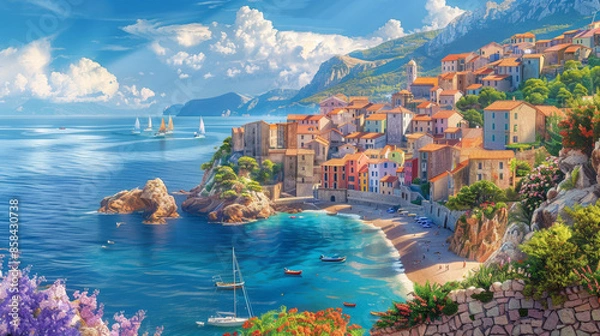 Obraz Beautiful small town on the sea, surrounded by sandy beaches and cliffs, houses with red roofs, boats in port