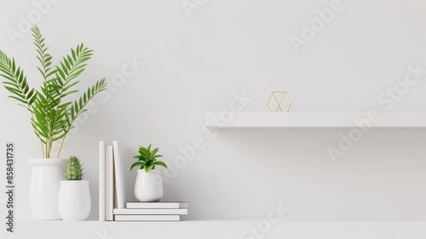 Fototapeta A minimalistic white bookshelf with a few books and decorative objects, set against a white background. The image provides plenty of copy space for customization.