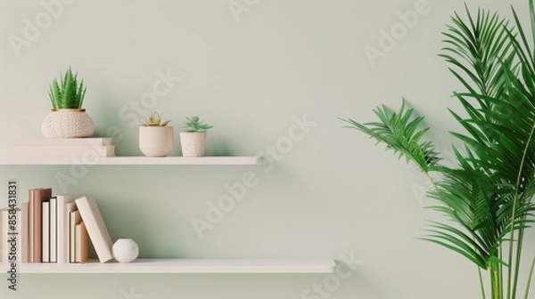 Fototapeta A white bookshelf in a minimalist setting, featuring a selection of books and decorative items. The clean and uncluttered design provides ample copy space for customization.