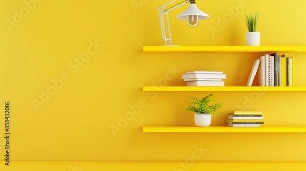 Fototapeta A contemporary bookshelf in a bright yellow color, designed with a minimalist aesthetic. The simple yet eye-catching design provides plenty of space for arranging books and other items, with ample