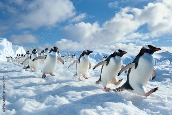 Fototapeta Penguins waddle across the ice, some sliding on their bellies, in an Antarctic scene