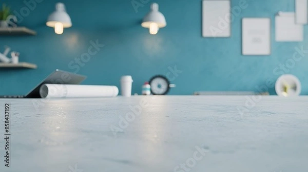 Obraz Modern Office Interior for Engineering Professionals with Polished White Table, Blueprints, and Laptop