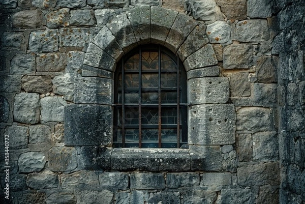 Fototapeta A stone building with a window and bars, suitable for use in architectural or crime scene images