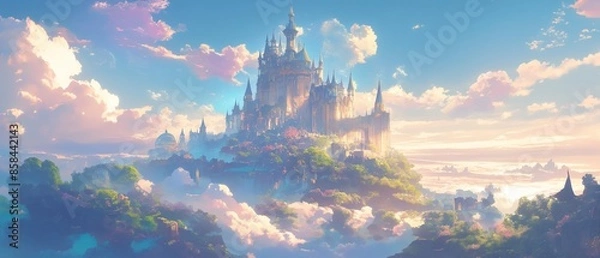 Fototapeta A castle is shown in the sky with clouds and trees. Anime background