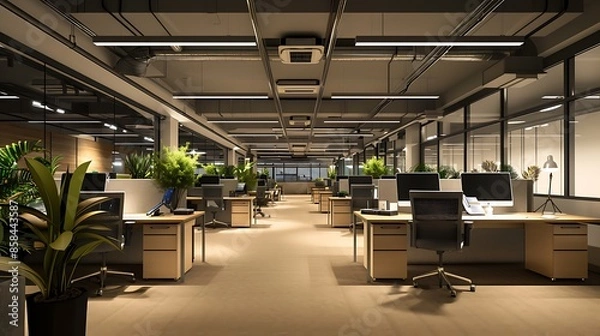 Fototapeta innovative office space with a centralized lighting control system that adjusts brightness based on the time of day and season to optimize worker comfort and productivity