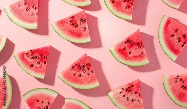 Fototapeta A pattern of watermelon slices arranged in an artistic and colorful layout on a pink background, creating a vibrant summer concept Generative AI