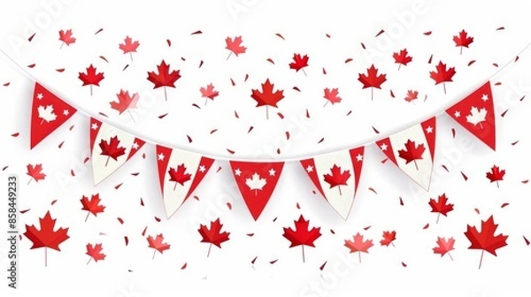 Fototapeta Harmonious design for Canada Day, showcasing a festive gathering with Canadian flags, HAPPY CANADA DAY message on a white background