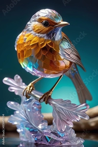 Obraz Crystal sculpture in the shape of a European robin on a crystal tree branch