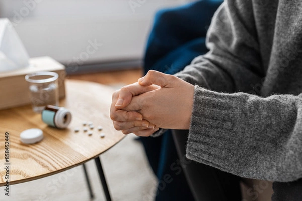 Fototapeta mental health, psychological problem and depression concept - close up of stressed woman hands with sedative medicine or painkiller on table at home