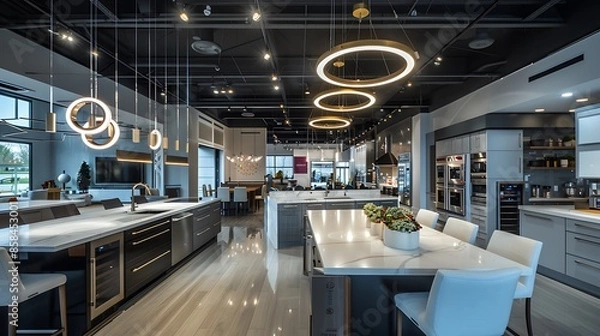Fototapeta gourmet kitchen showroom with above-counter lighting that customers can customize to see how the lighting will look in their own homes