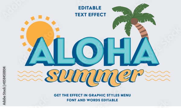 Obraz Editable text effect Summer, sun, palm tree, beach waves