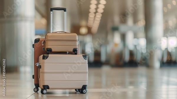 Fototapeta Close-up of two stacked roller luggage bags in an airport terminal, with a blurred background. Travel and journey concept.