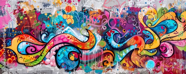 Fototapeta A vibrant urban mural background with bold street art, graffiti, and the textures of concrete walls and colorful spray paint, creating a dynamic environment.
