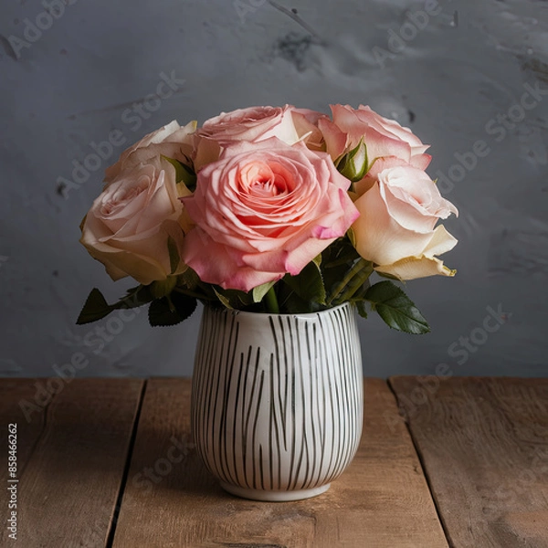 Obraz Ceramic vase with flowers on a wooden table, on a blue-black background.