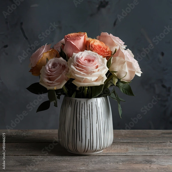Obraz Ceramic vase with flowers on a wooden table, on a blue-black background.