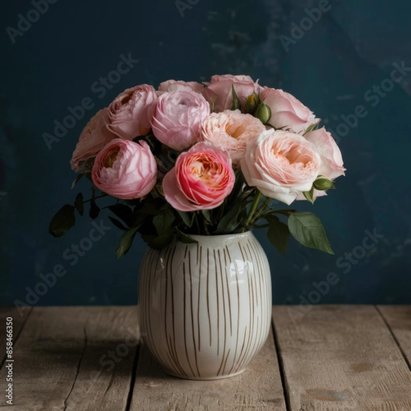 Obraz Ceramic vase with flowers on a wooden table, on a blue-black background.