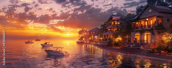 Fototapeta A serene coastal village at twilight background with calm waters, charming houses, and the textures of warm lights and tranquil ambiance, creating a peaceful and picturesque coastal retreat.