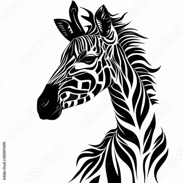 Fototapeta A black and white drawing of a zebra 's head