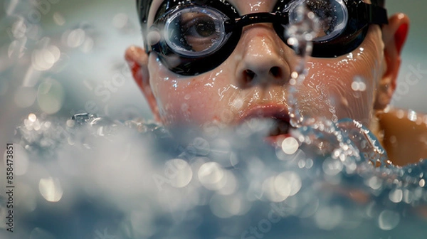 Fototapeta Young athlete with down syndrome is emerging from the surface of the water in a swimming pool during his training