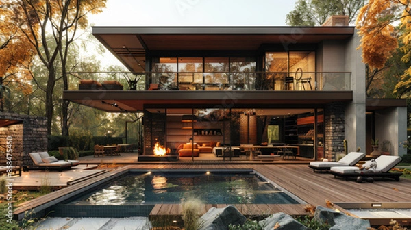 Fototapeta Modern architecture of a lake house with a wooden terrace and barbecue area, parking space. Minimalist multi-level house with a large swimming pool. Architecture concept, design.