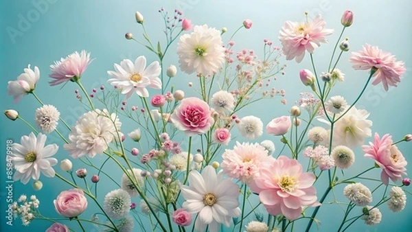 Fototapeta Delicate And Colorful Flowers Of Various Breeds On A Solid Blue Background.