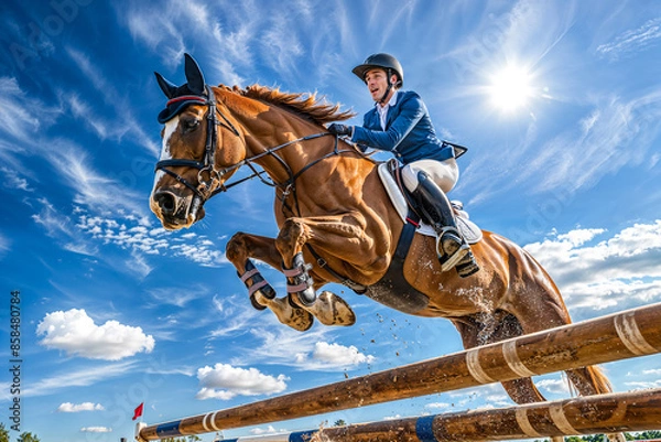 Fototapeta Brown horse jumping over fence rail obstacles, equestrian show jumping