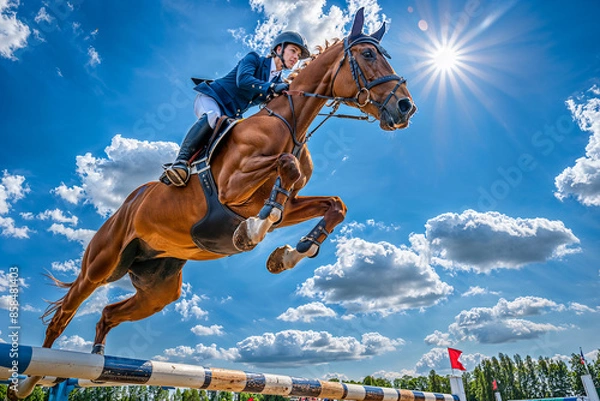 Fototapeta Brown horse jumping over fence rail obstacles, equestrian show jumping with woman rider