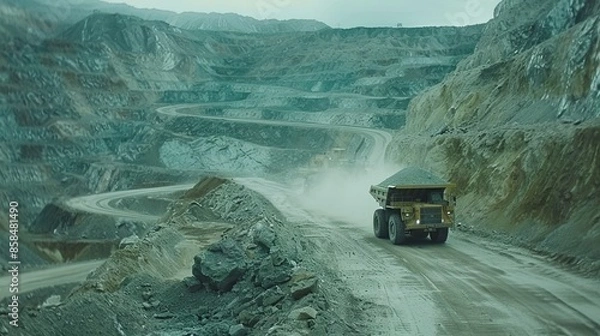 Fototapeta Hauling ore in a huge dump truck over the terraced paths of a deep open pit mine. The concept of developing a deposit of something. Large-scale mining operations. Illustration for varied design.