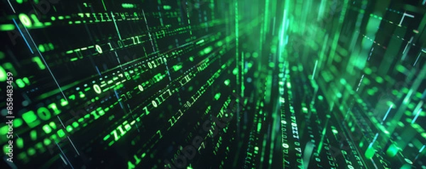 Obraz Futuristic digital matrix background with glowing green lines, dark contrasts, and textured binary code. The high-tech, cyber aesthetic creates a sense of innovation and mystery, ideal for sci-fi