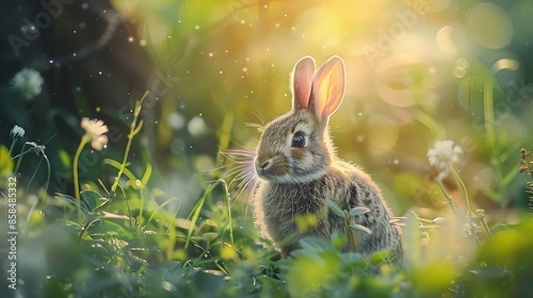 Fototapeta Sunlit Meadow Rabbit, Rabbit in the forest, AI generates the image