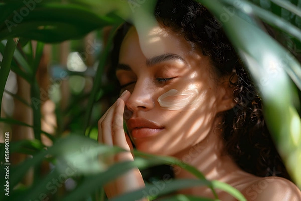 Obraz A close-up shot of a woman with glowing, hydrated skin gently applying a serum to her cheek, with soft natural lighting enhancing her radiant complexion, surrounded by green plants 