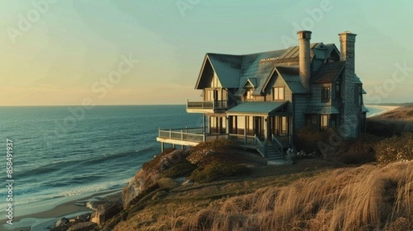 Fototapeta Coastal house on cliffside with ocean view at sunset. Scenic photography for poster