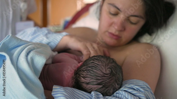 Fototapeta Mother breastfeeds newborn baby for the first time at hospital clinic, authentic real life mom feeding her infant in the first minutes of life, maternal care and growth