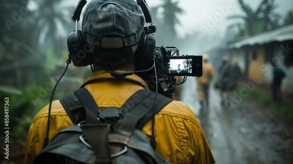 Fototapeta A photojournalist films in a rain-soaked village, capturing the daily life of its inhabitants