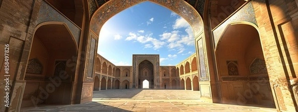 Fototapeta View of the Isfahan Iran mosque from the open ancient wooden doors in Bukhara, Uzbekistan. Sunny day. AI generated illustration