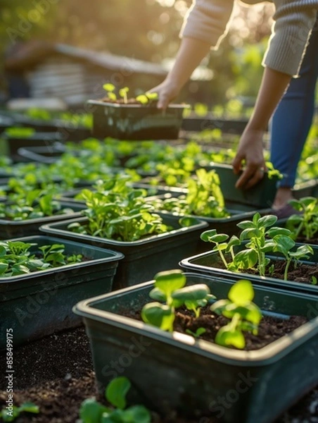 Fototapeta A housewife is growing a garden using reused containers from Household items. Reuse concept