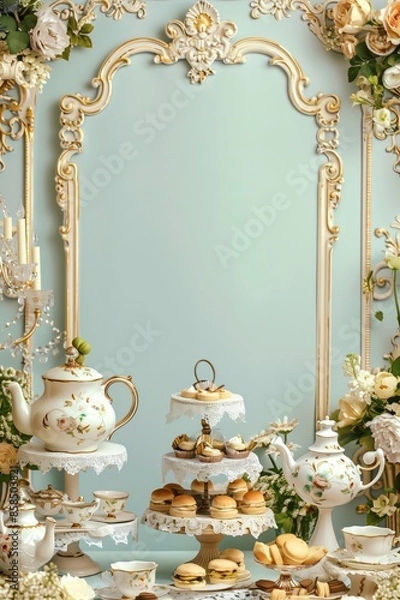 Fototapeta Elegant english tearoom menu template with ornate frames and traditional teaware