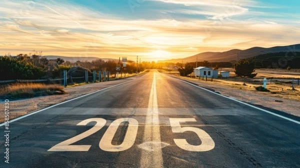 Fototapeta Asphalt Road Leading to the Horizon at Sunset with 2015 Painted on the Road