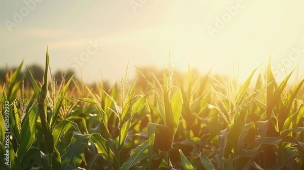 Fototapeta Cornfield on a sunny day Agricultural scenery Corn crop