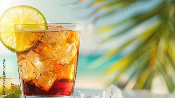 Fototapeta A Refreshing Escape  Cuba Libre Cocktail  Indulge in a classic Cuban cocktail, perfectly chilled and topped with a tangy slice of lime